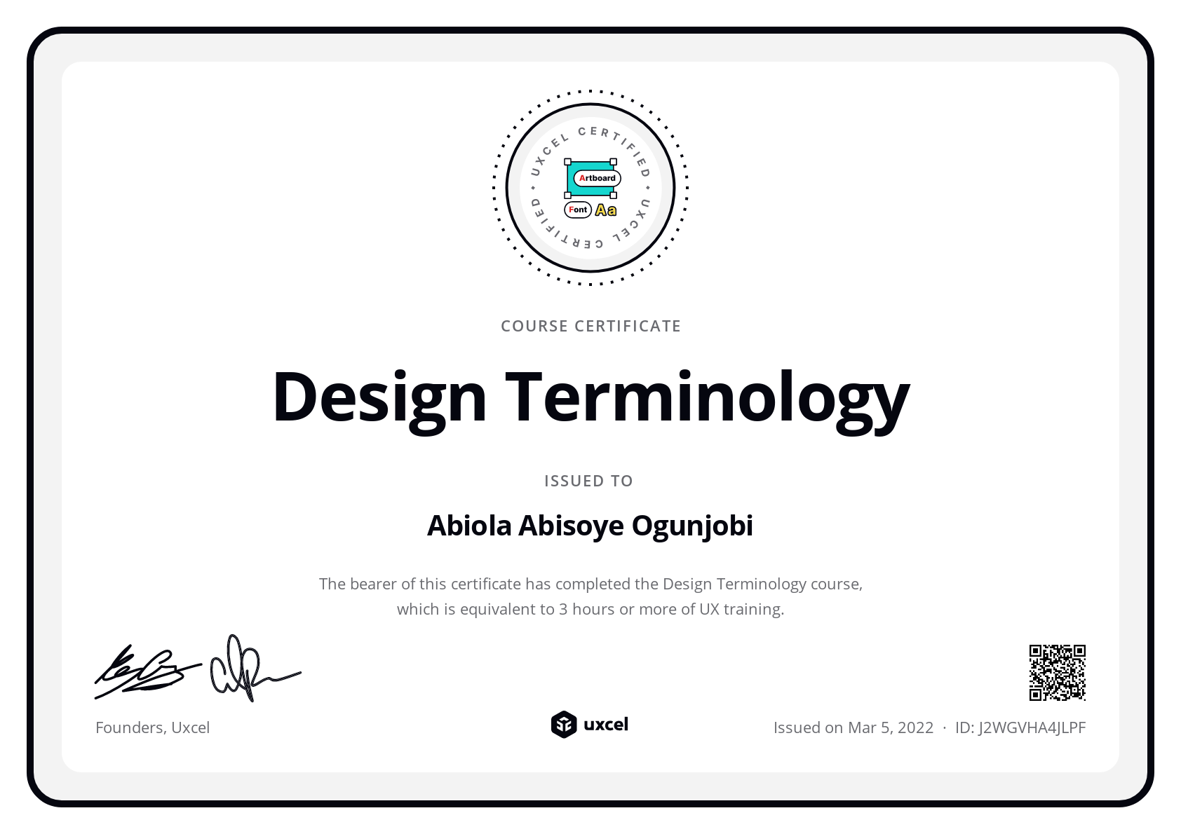 Abiola Abisoye Ogunjobi's certificate